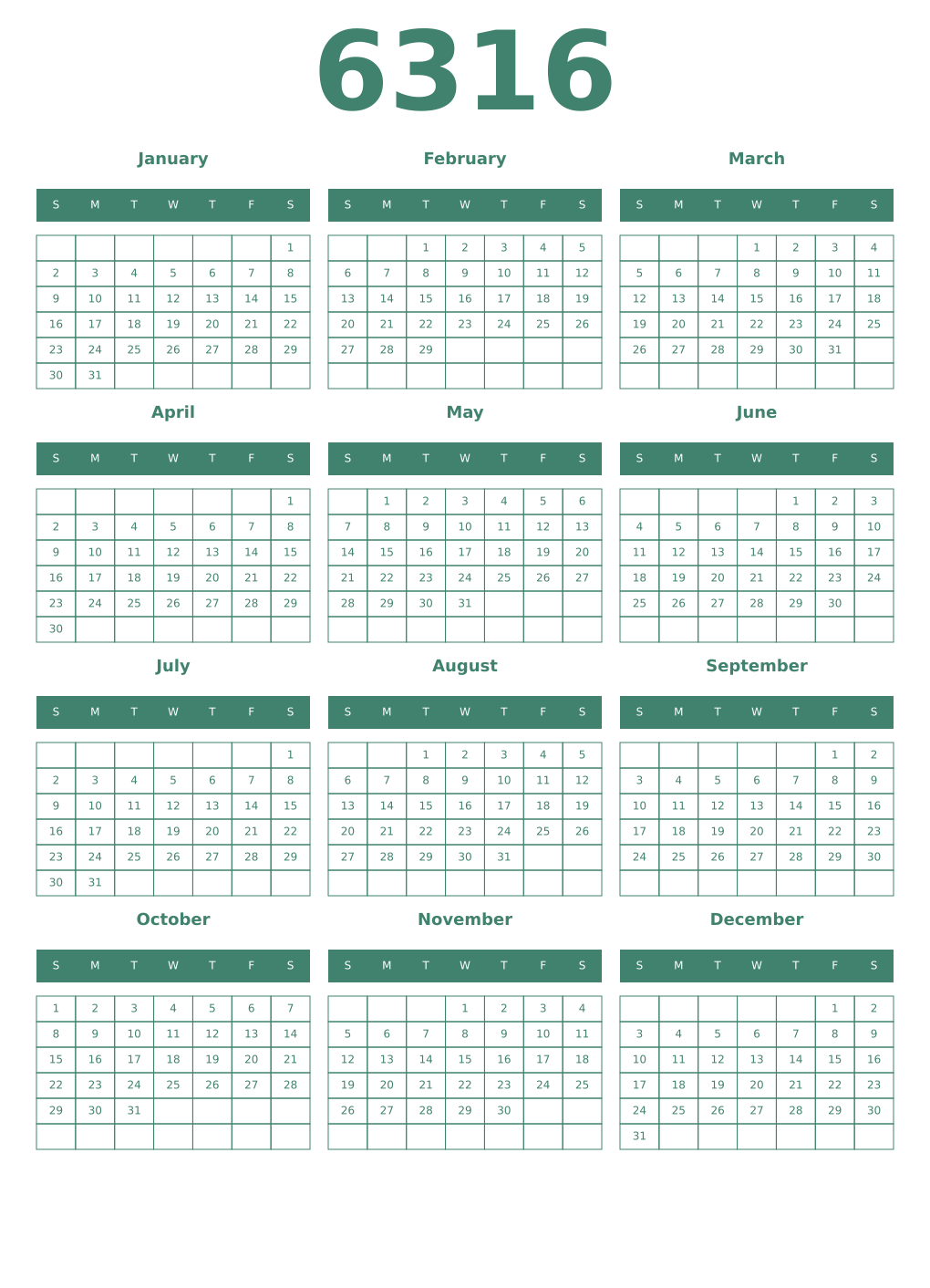 Printable 6316 Year Calendars viridian