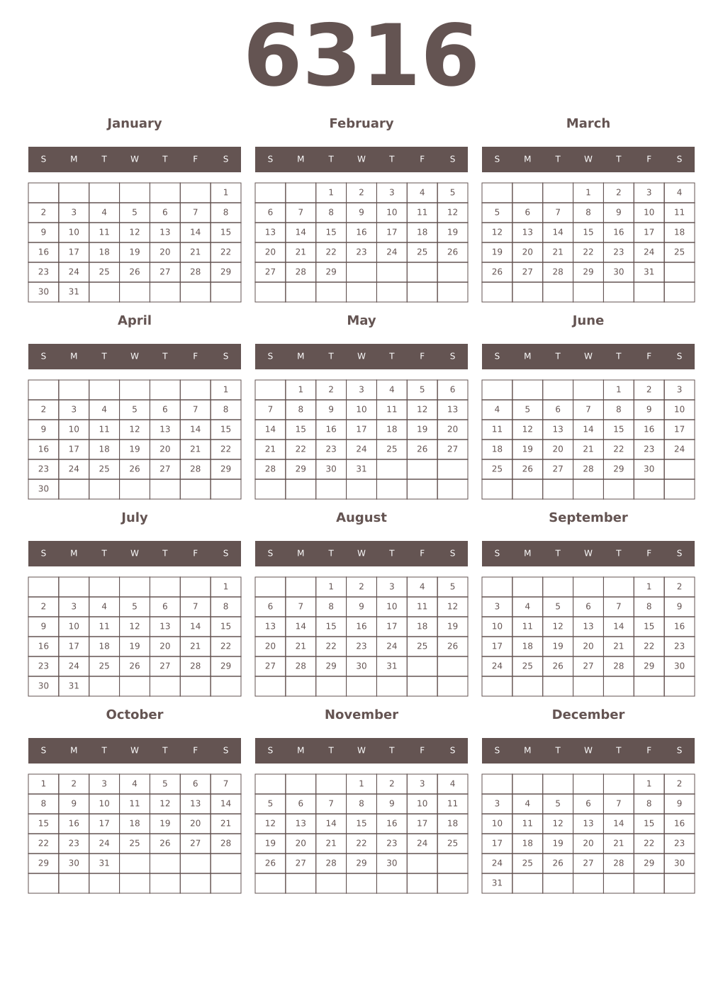 Printable 6316 Year Calendars wenge