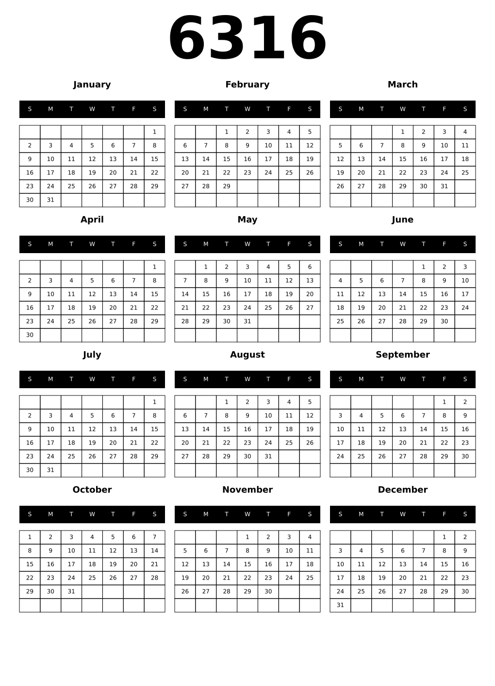 Printable 6316 Calendars