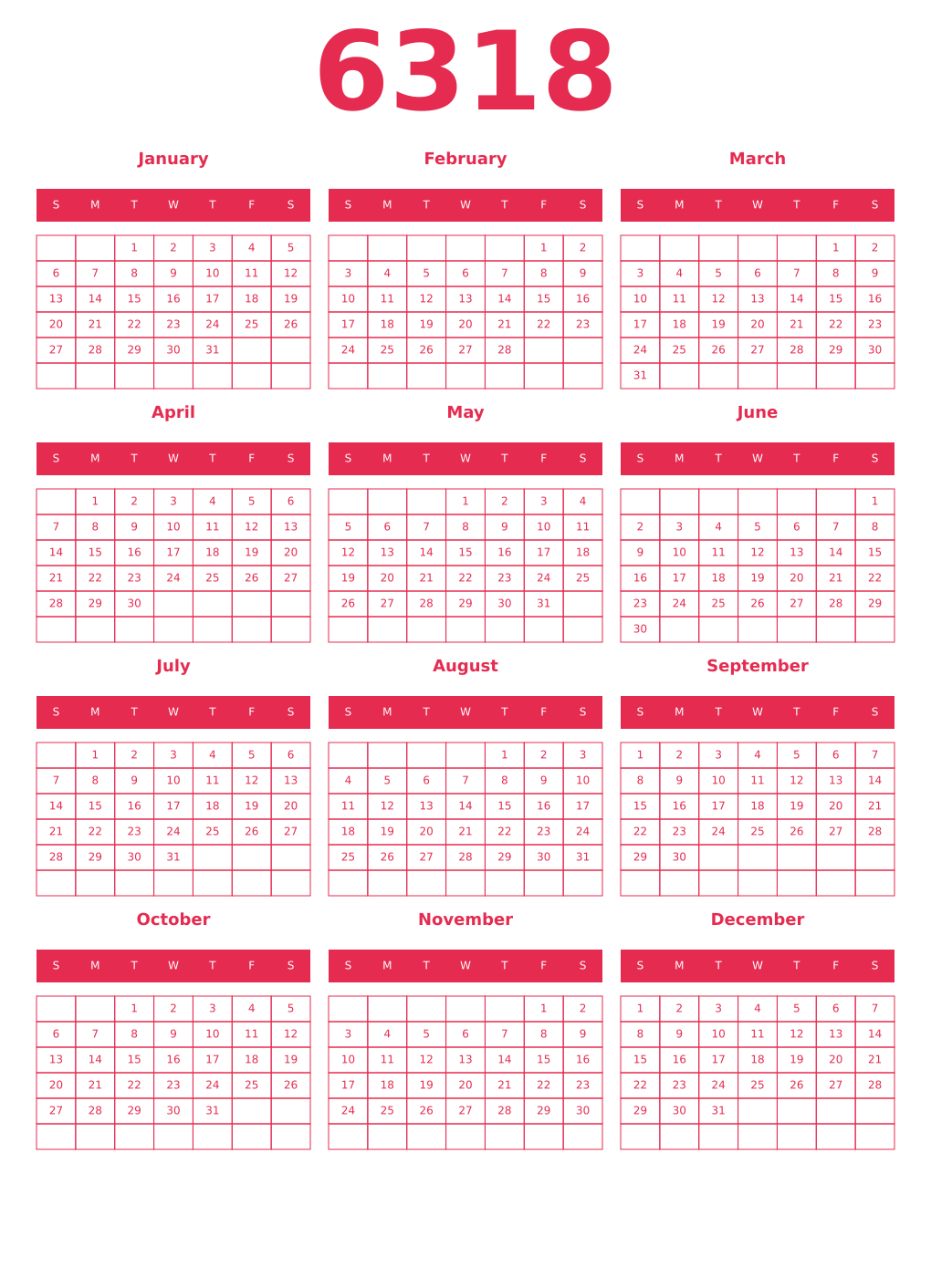 Printable 6318 Year Calendars amaranth