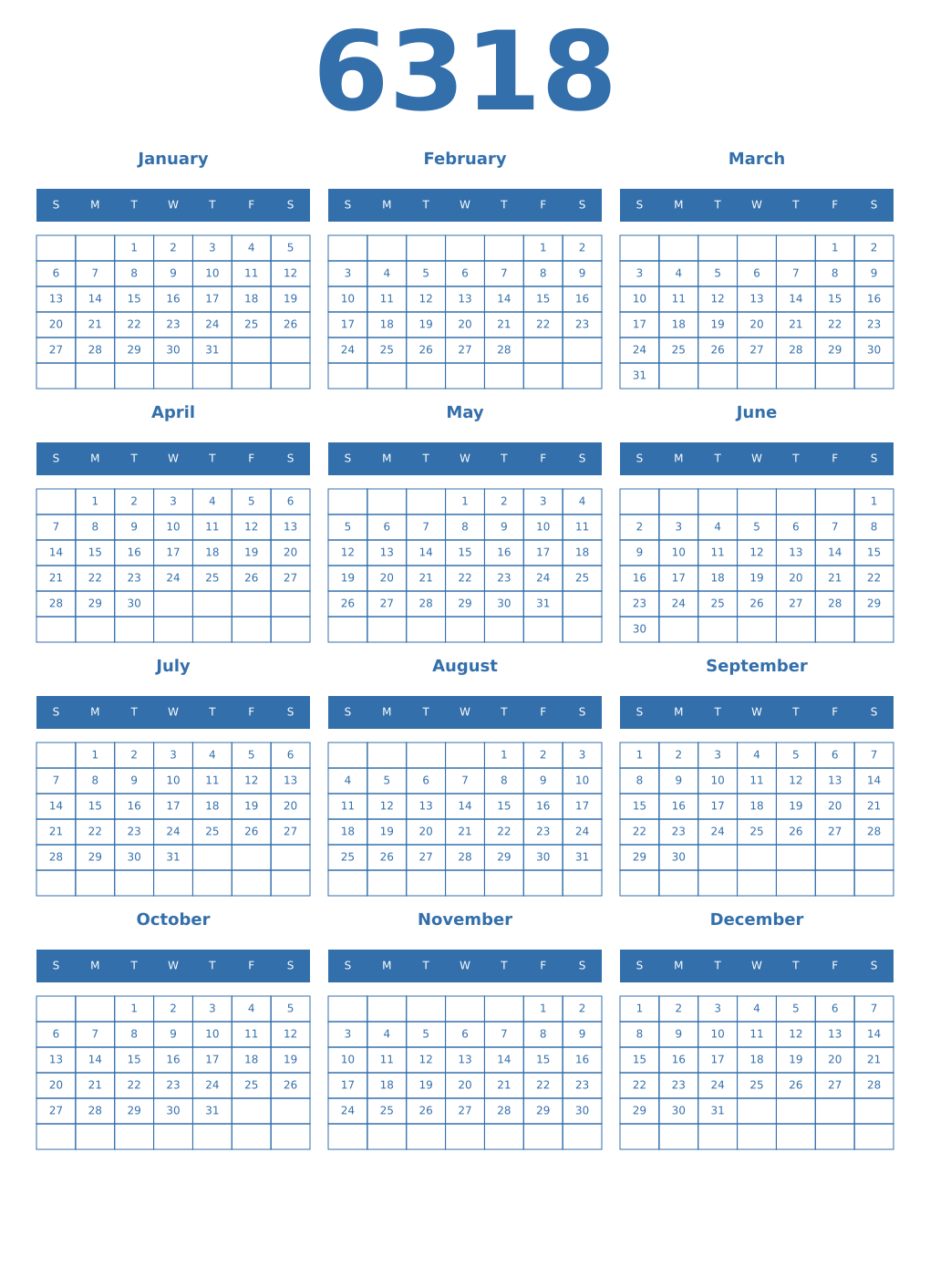 Printable 6318 Year Calendars blue
