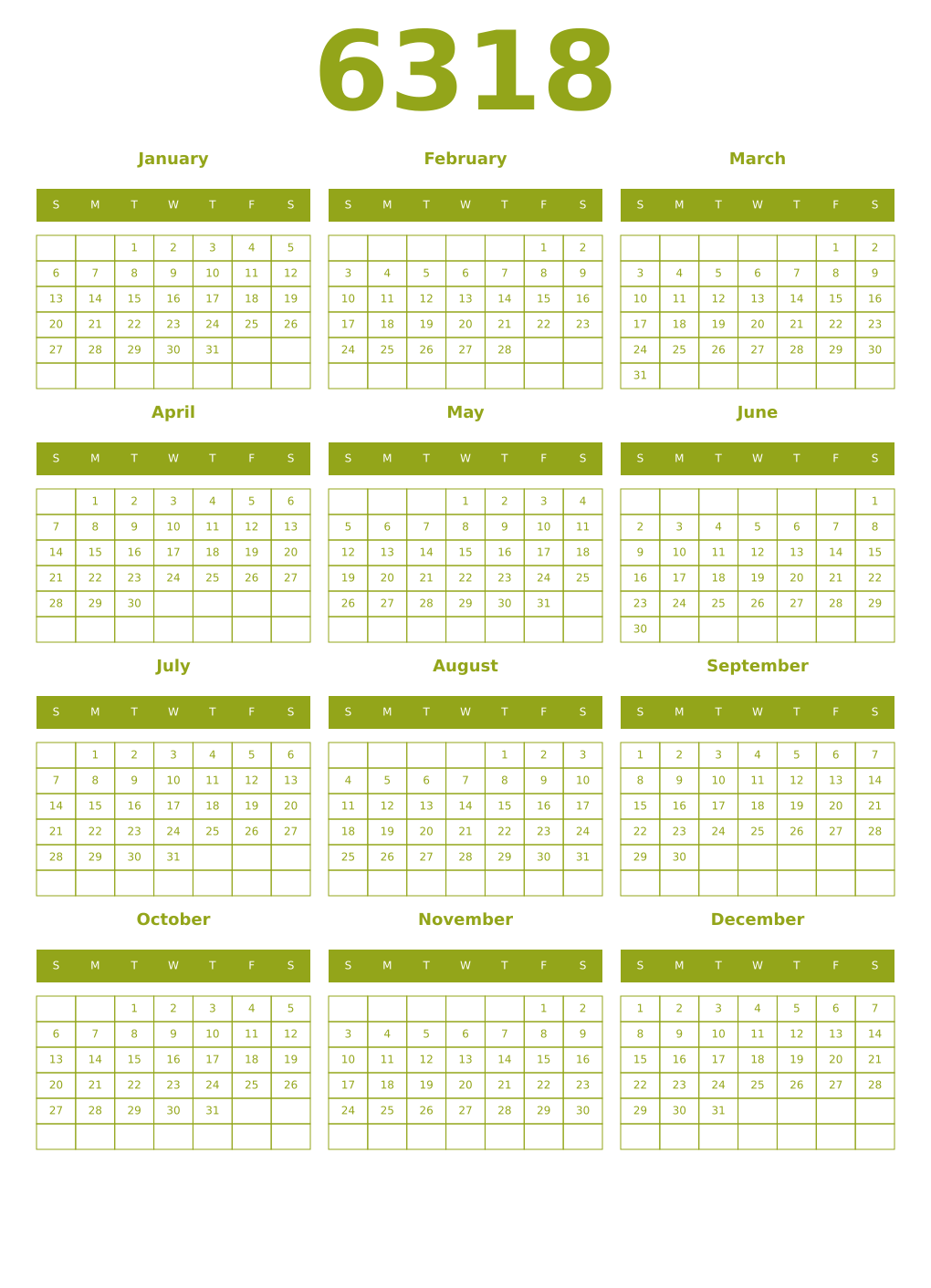 Printable 6318 Year Calendars chartreuse