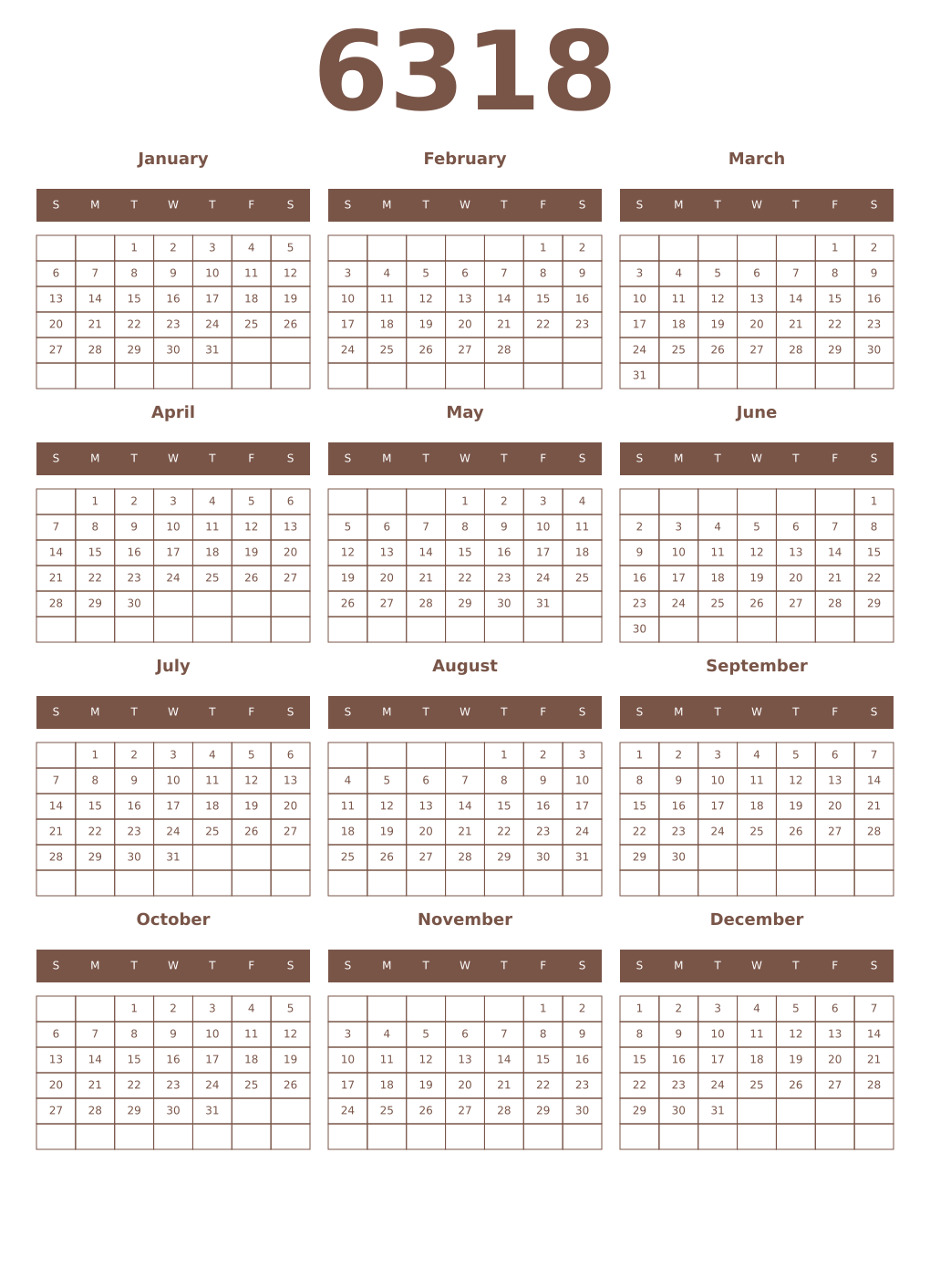 Printable 6318 Year Calendars coffe