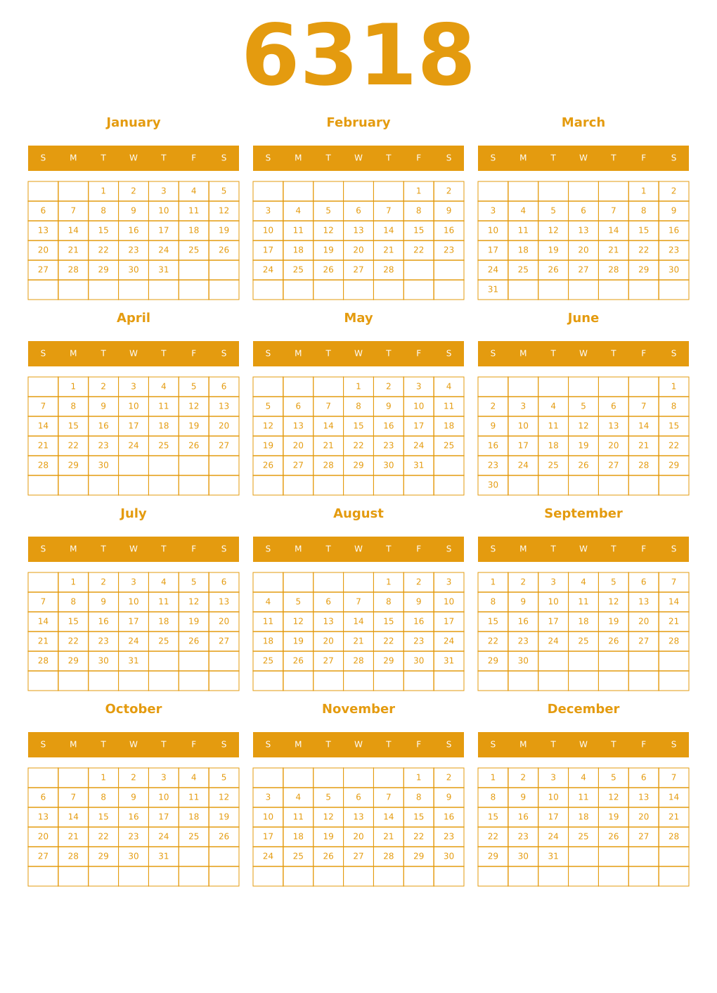 Printable 6318 Year Calendars gamboge