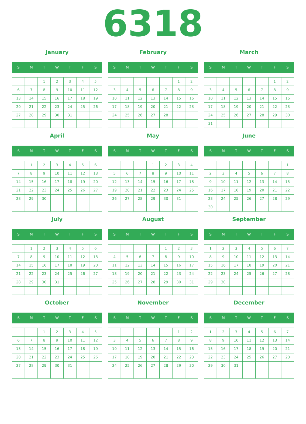 Printable 6318 Year Calendars green