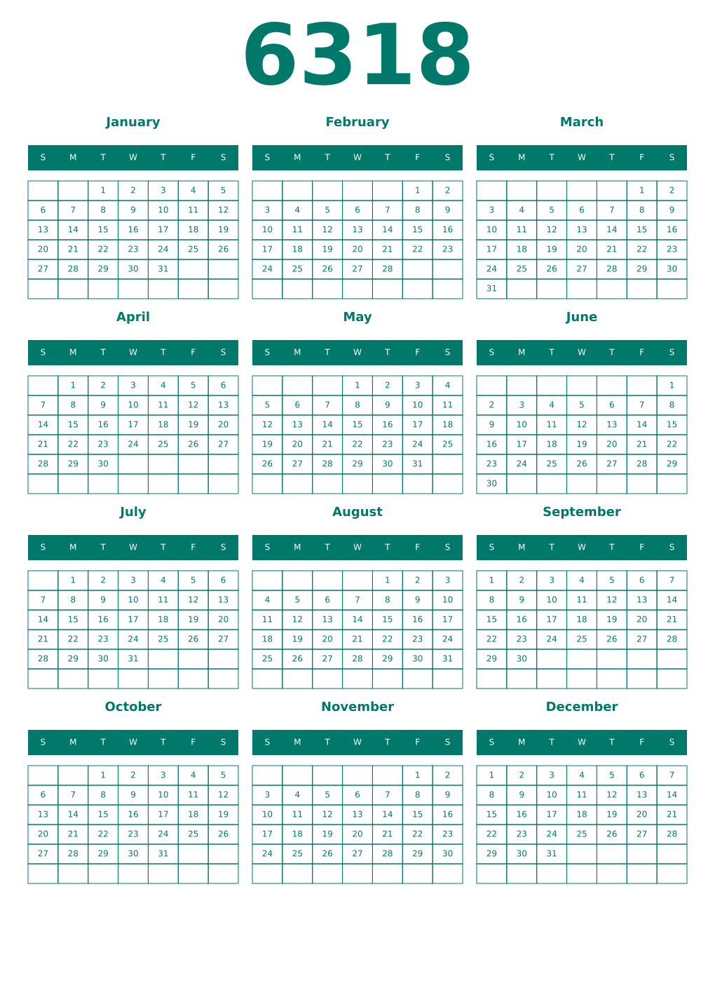 Printable 6318 Year Calendars pastel