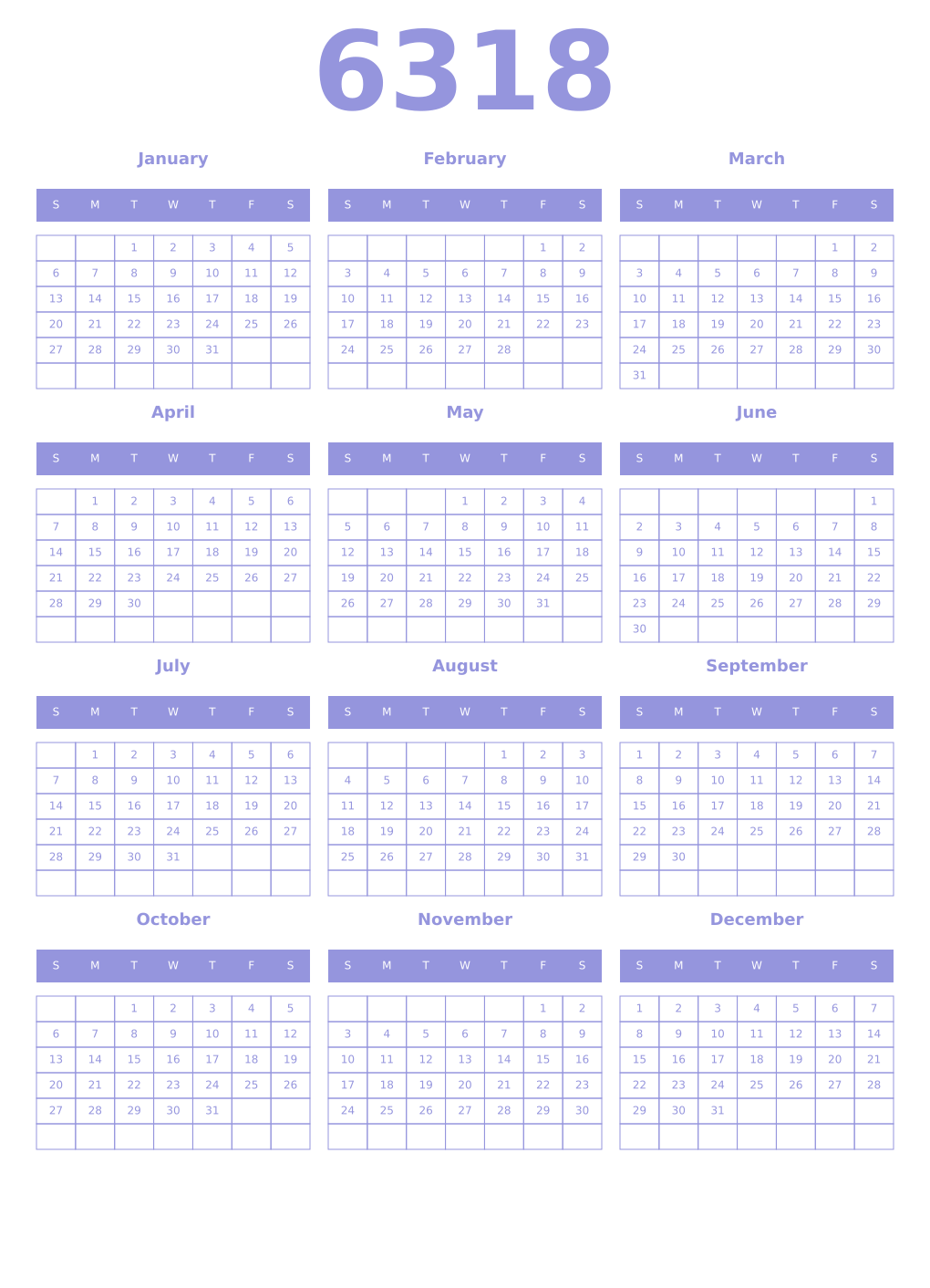 Printable 6318 Year Calendars periwinkle