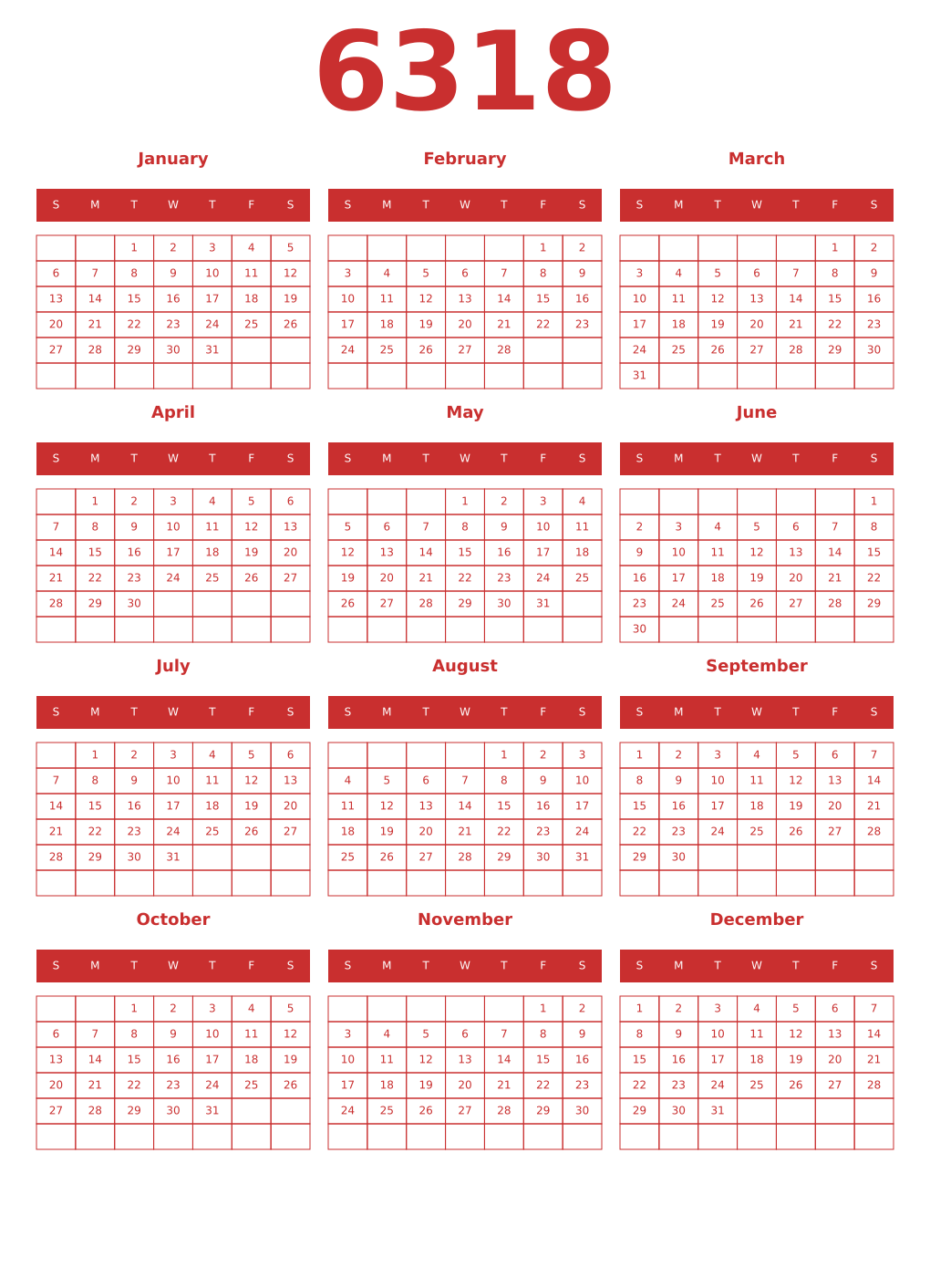 Printable 6318 Year Calendars red