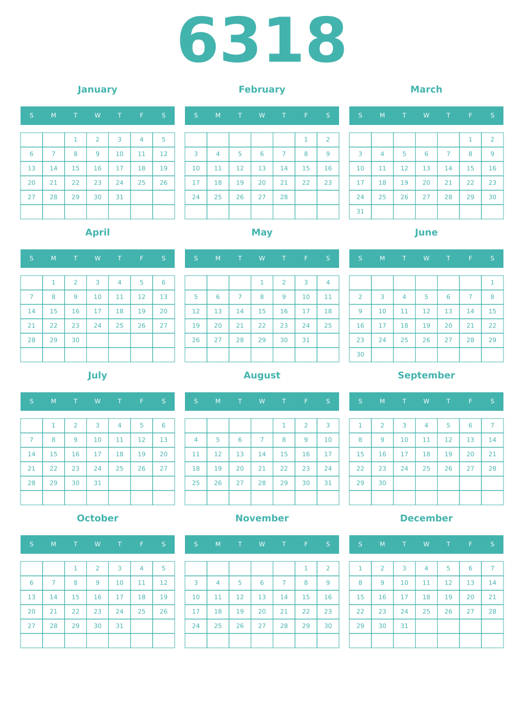 Printable 6318 Year Calendars verdigris