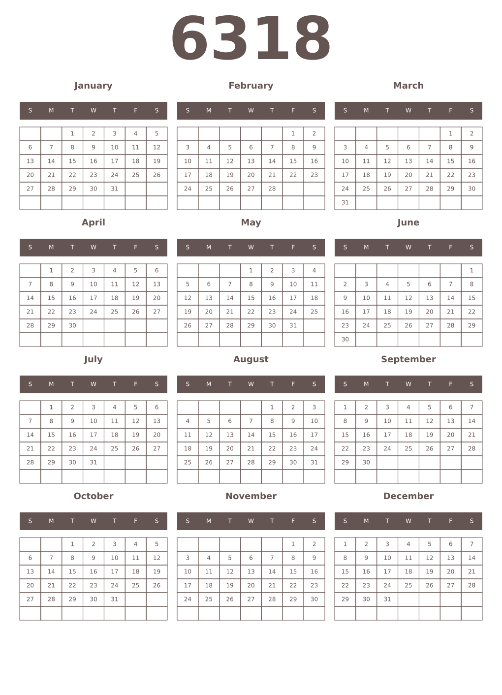 Printable 6318 Year Calendars wenge