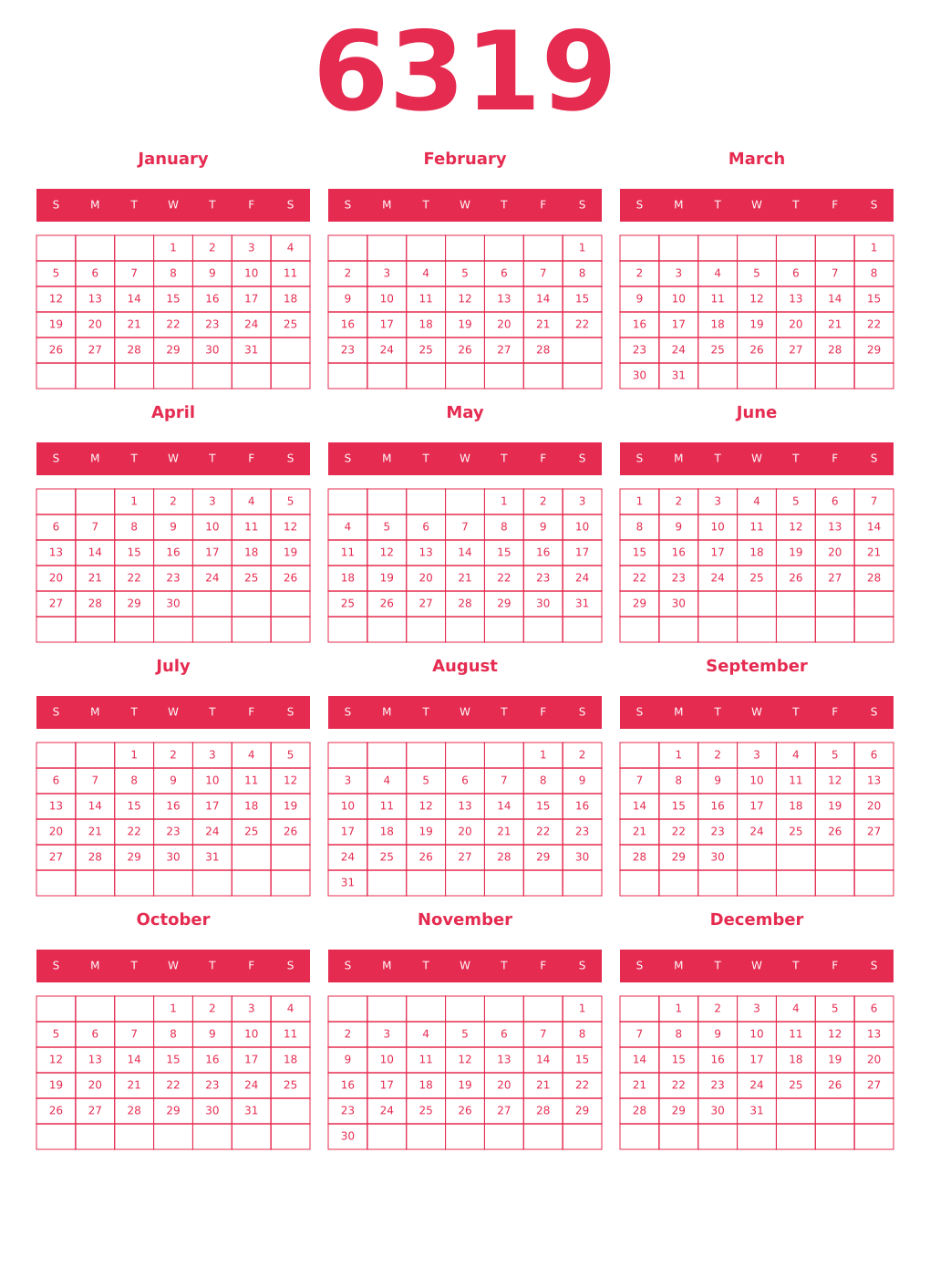 Printable 6319 Year Calendars amaranth