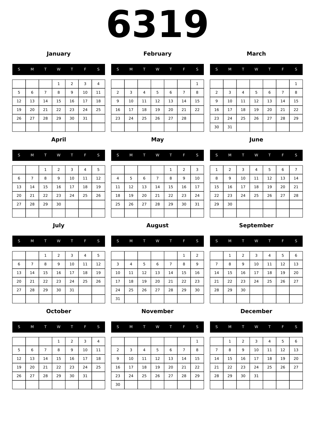 Printable 6319 Year Calendars black