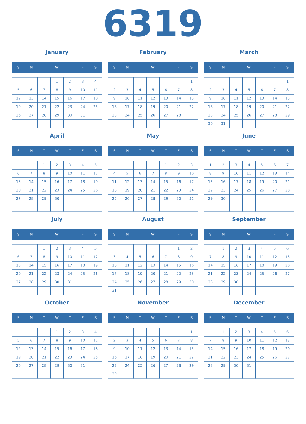 Printable 6319 Year Calendars blue