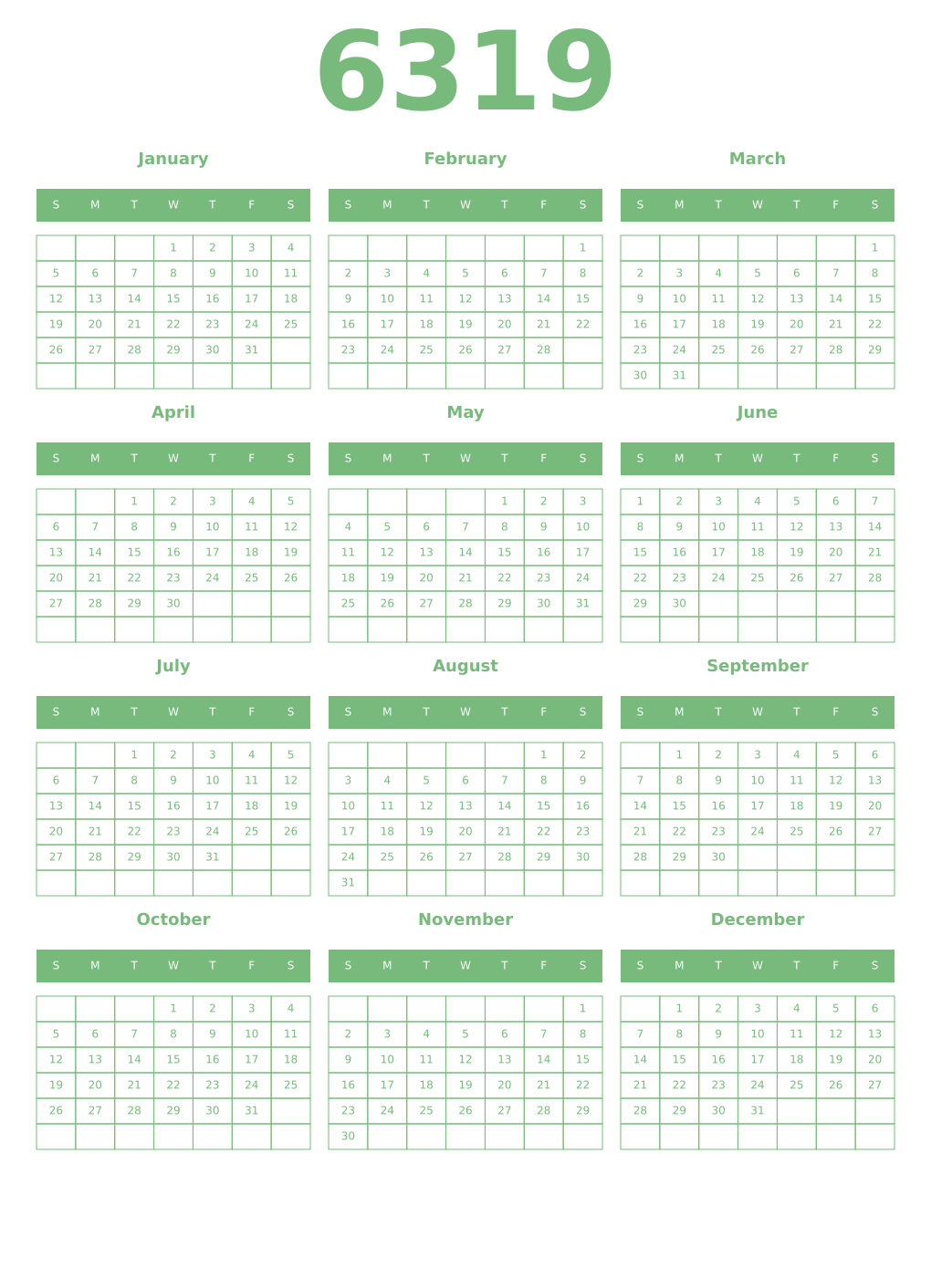 Printable 6319 Year Calendars celadon
