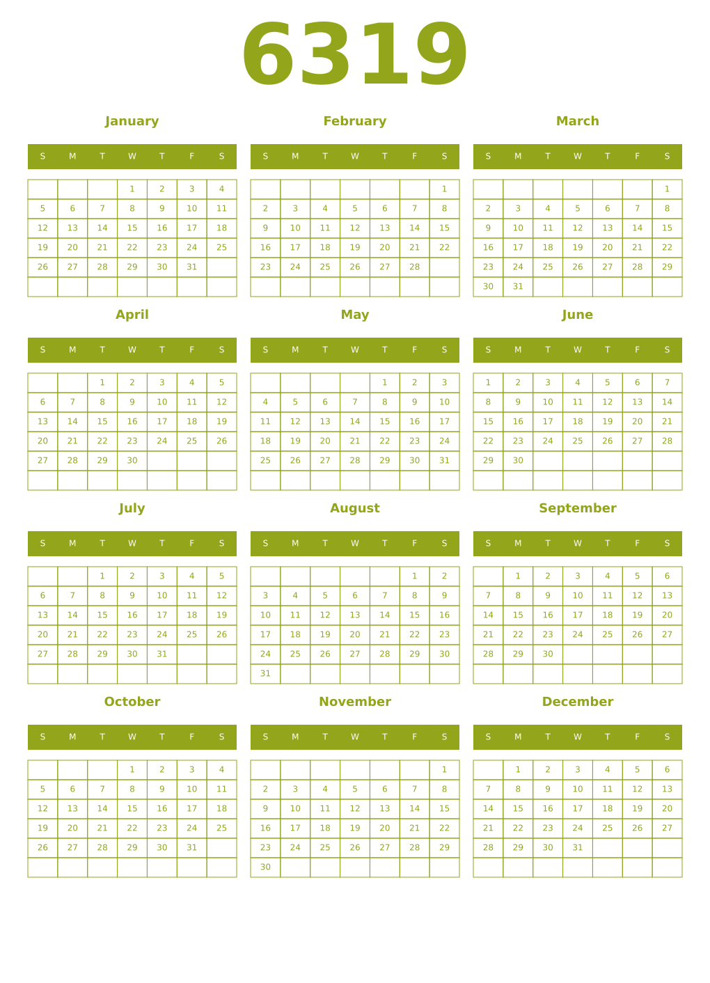 Printable 6319 Year Calendars chartreuse
