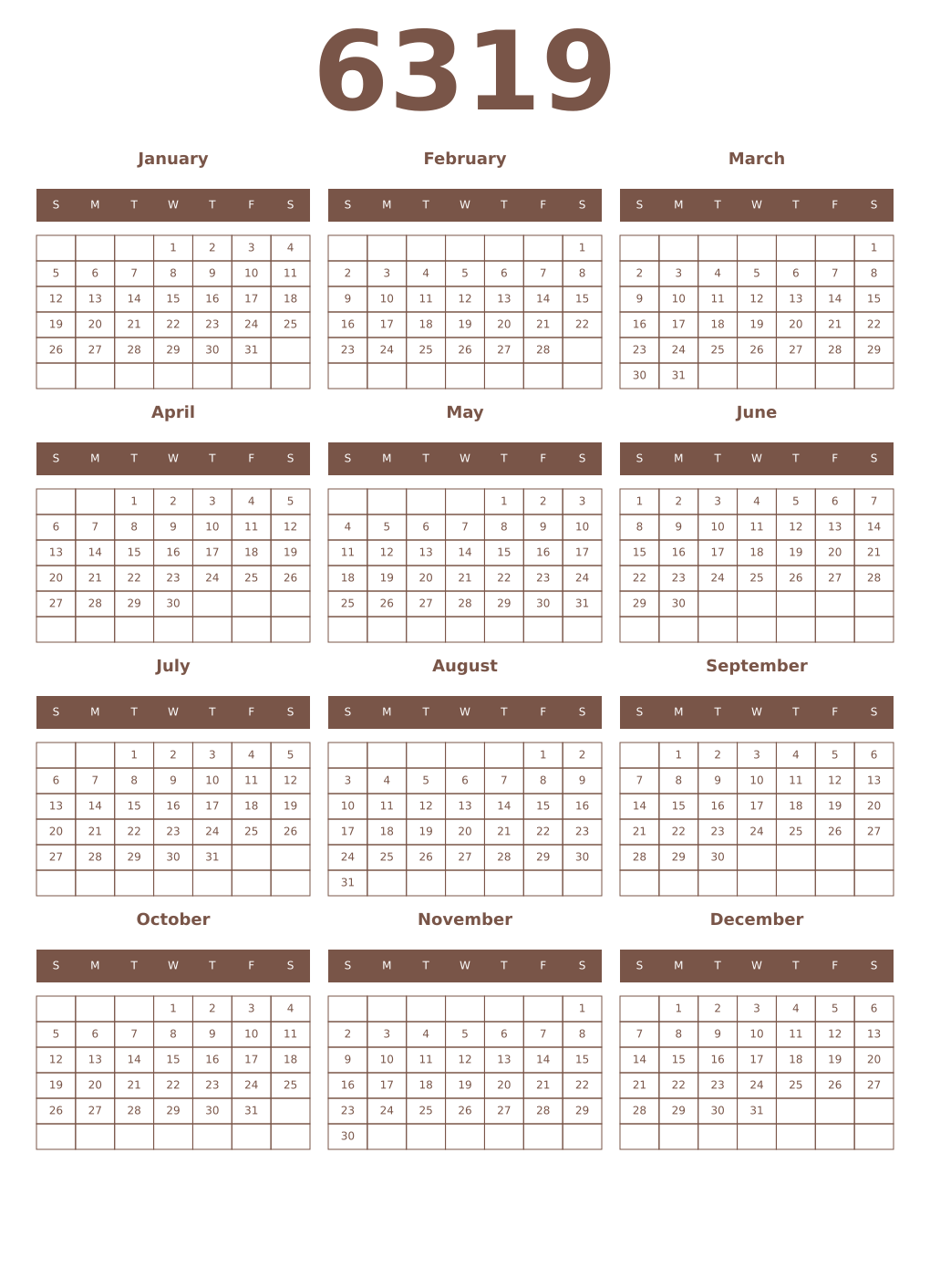 Printable 6319 Year Calendars coffe