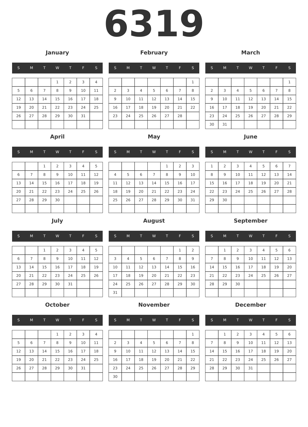 Printable 6319 Year Calendars dark