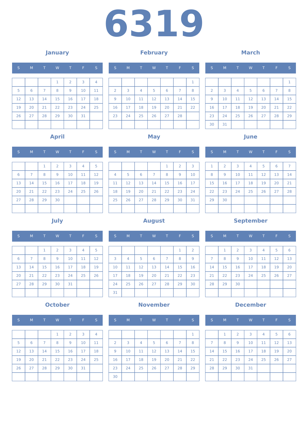 Printable 6319 Year Calendars glaucous