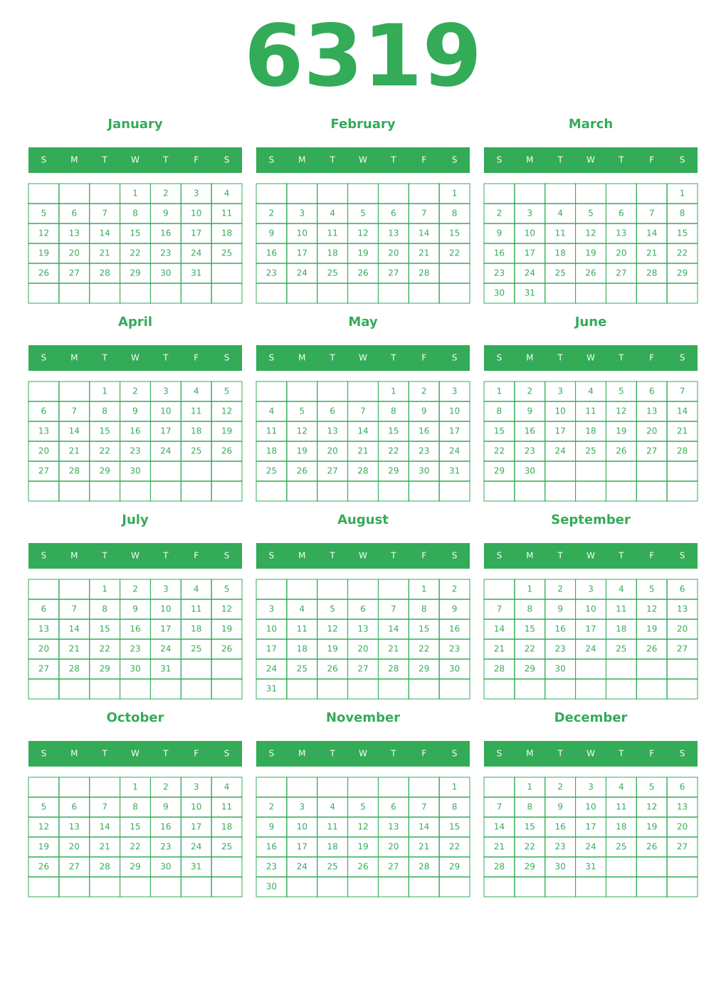 Printable 6319 Year Calendars green