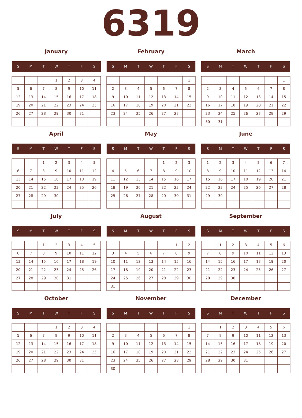Printable 6319 Year Calendars mortuum