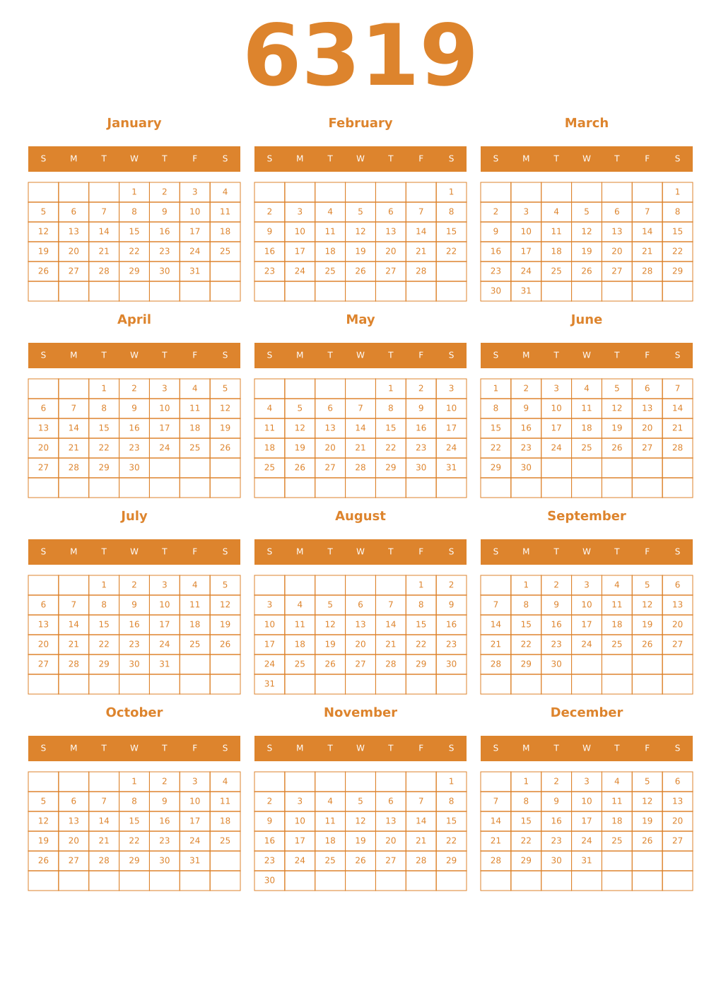 Printable 6319 Year Calendars orange
