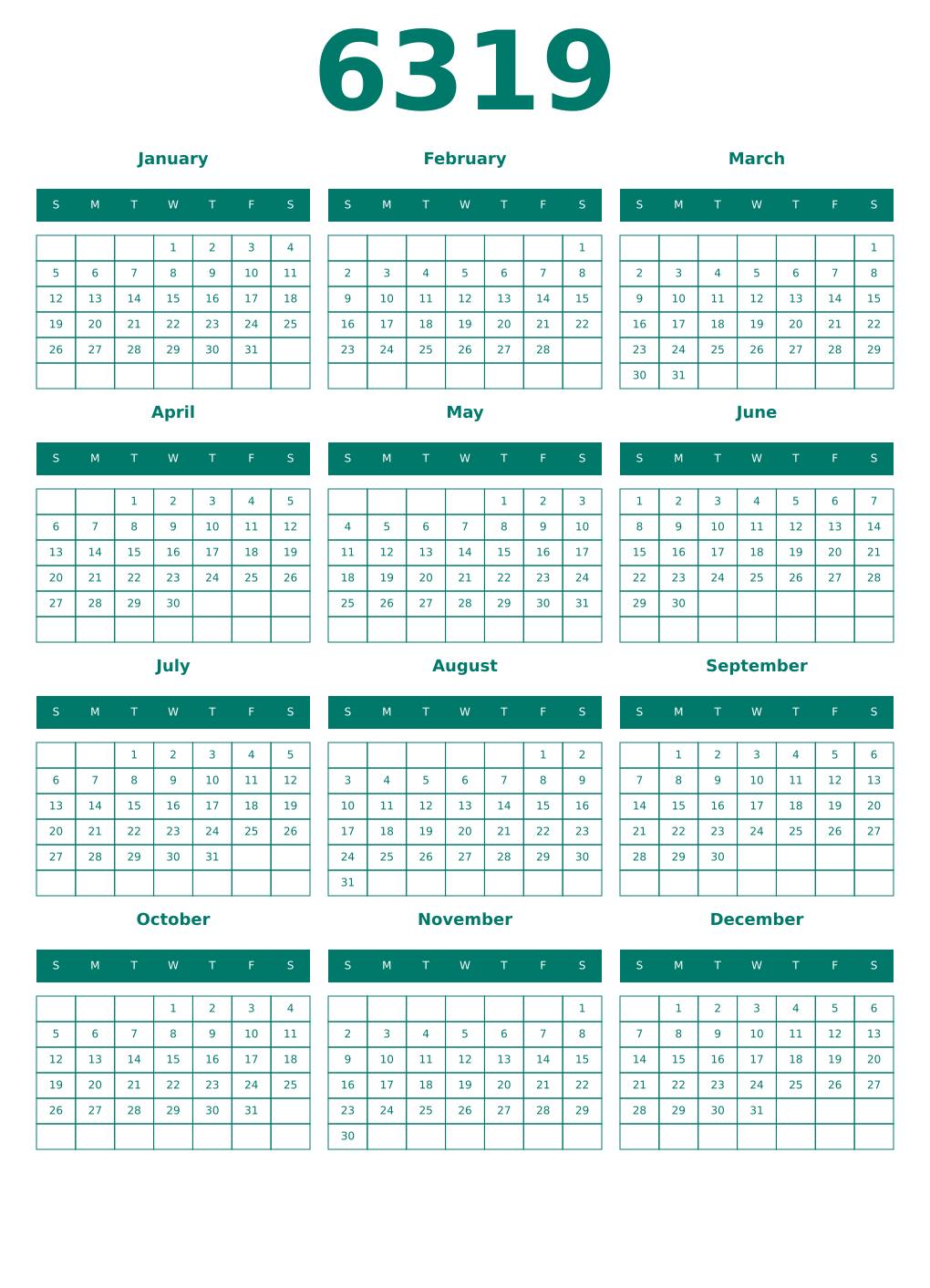 Printable 6319 Year Calendars pastel