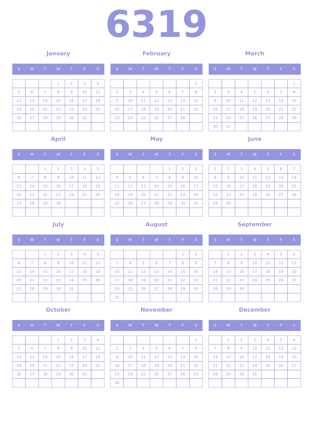 Printable 6319 Year Calendars periwinkle