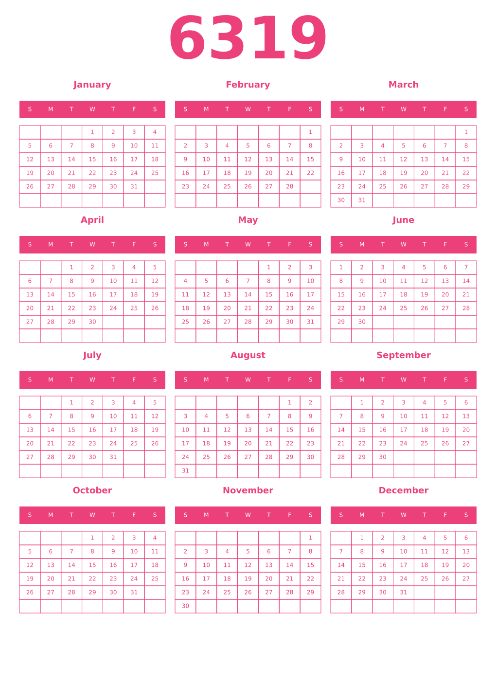 Printable 6319 Year Calendars pink