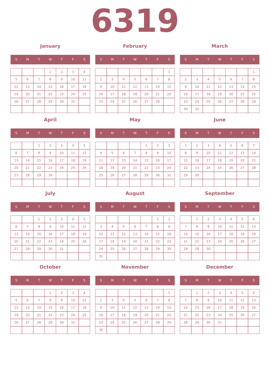 Printable 6319 Year Calendars puce
