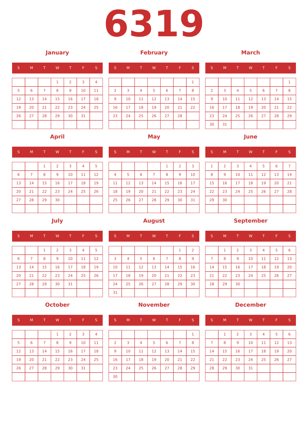 Printable 6319 Year Calendars red