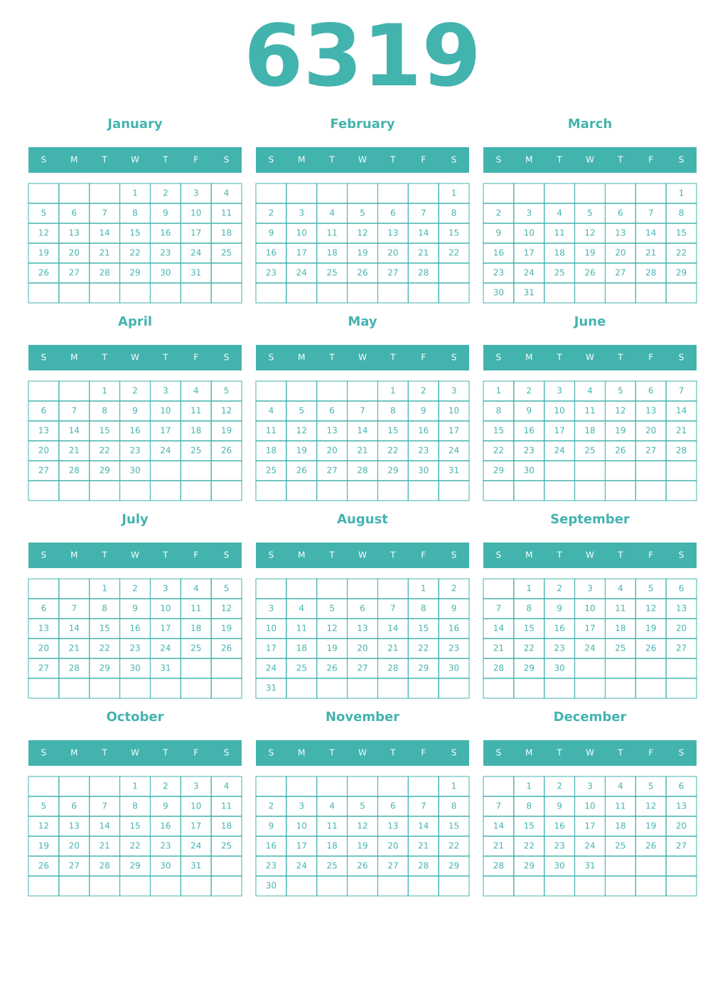 Printable 6319 Year Calendars verdigris