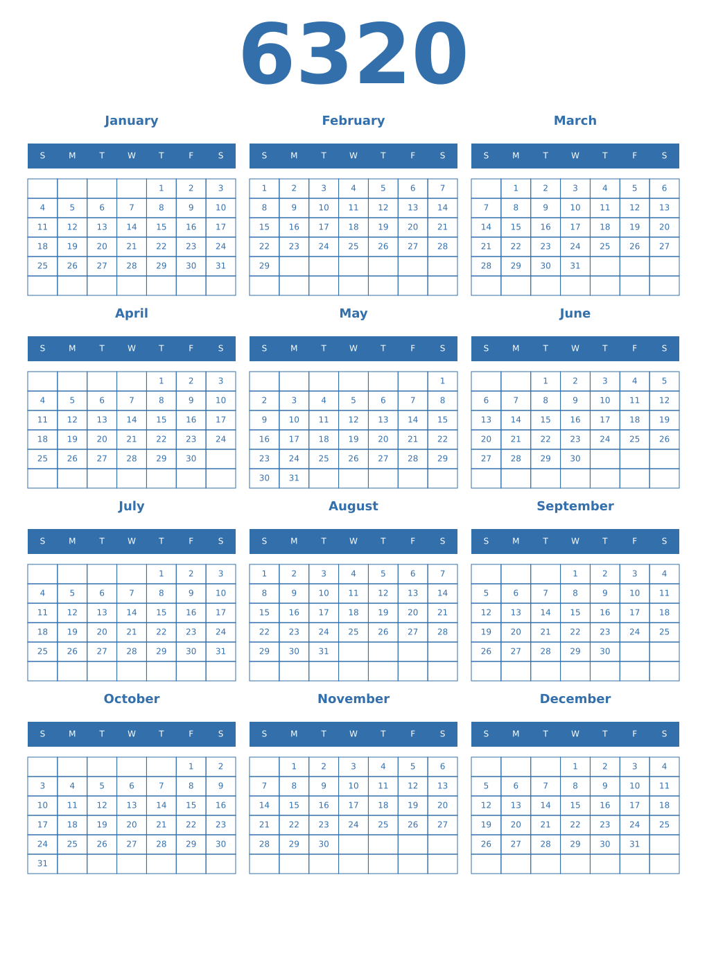 Printable 6320 Year Calendars blue