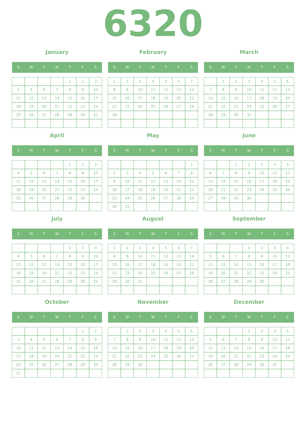 Printable 6320 Year Calendars celadon