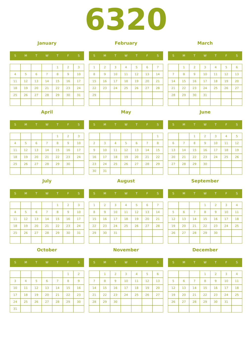 Printable 6320 Year Calendars chartreuse