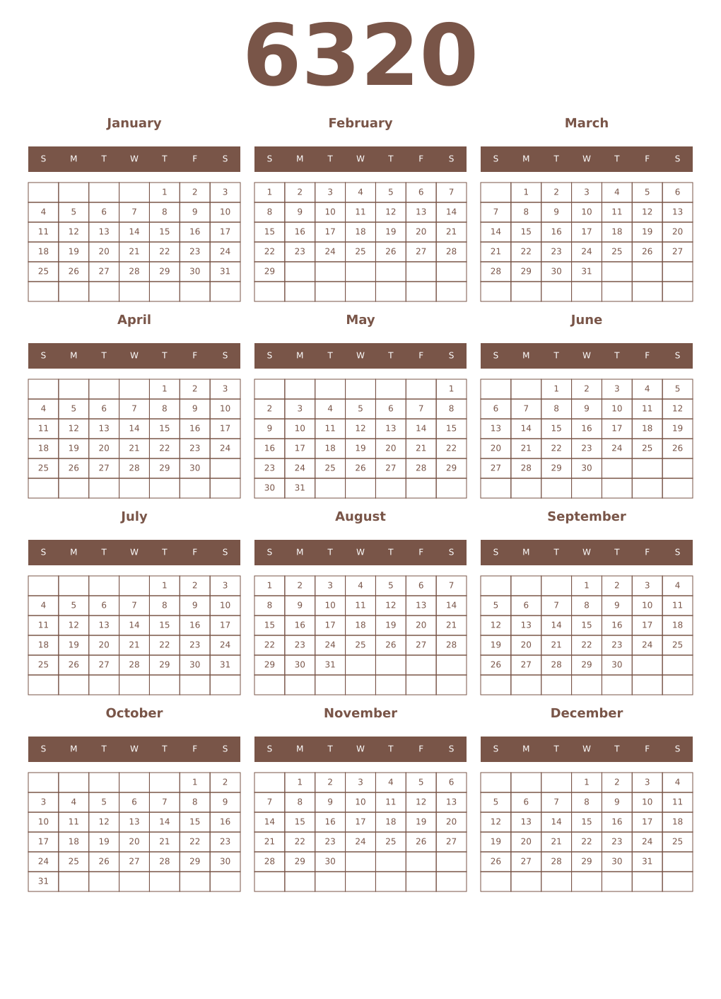 Printable 6320 Year Calendars coffe