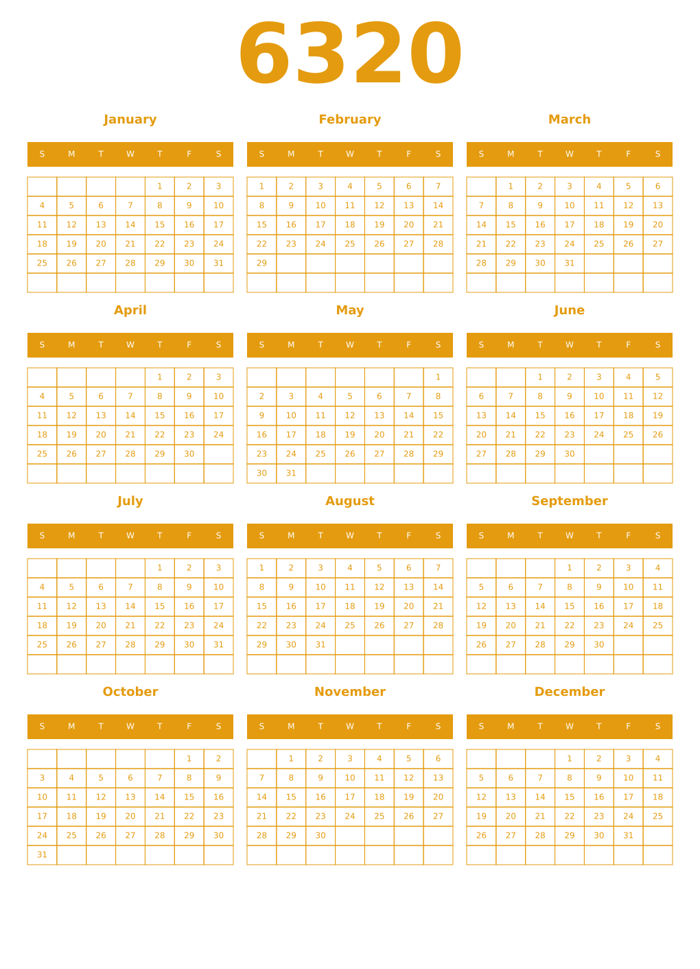 Printable 6320 Year Calendars gamboge