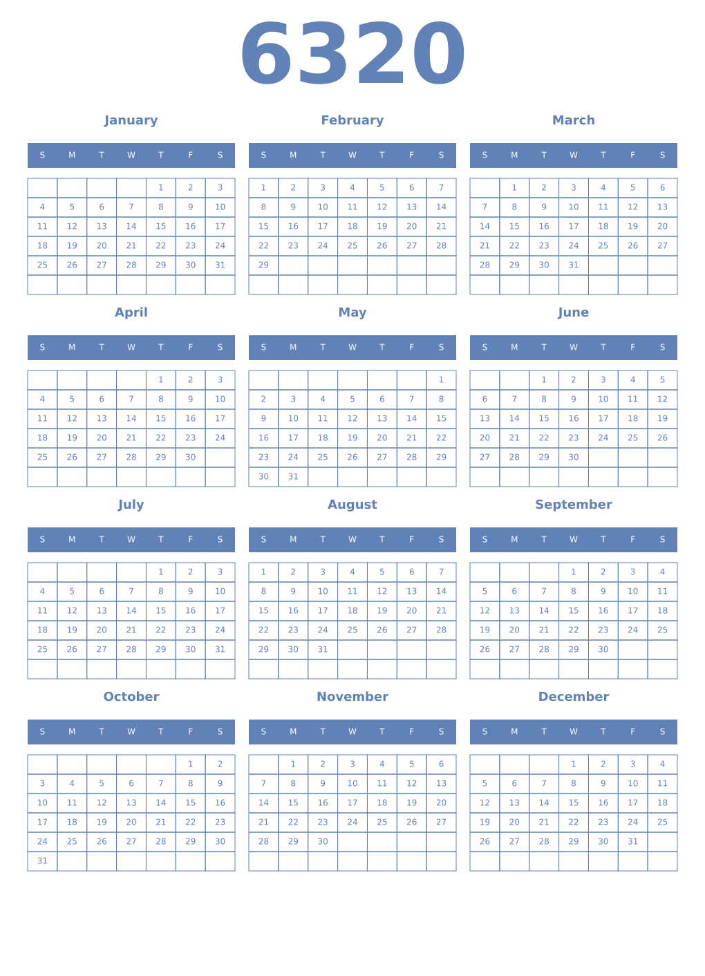 Printable 6320 Year Calendars glaucous