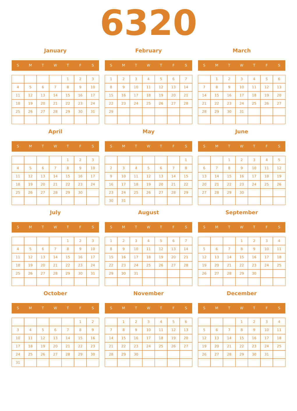 Printable 6320 Year Calendars orange