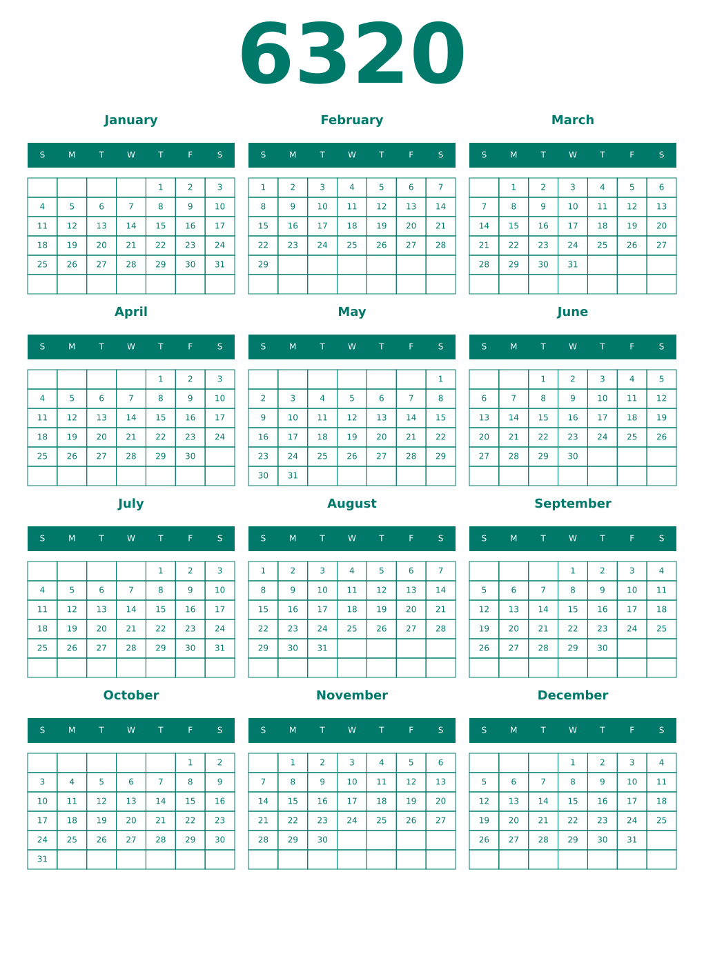 Printable 6320 Year Calendars pastel
