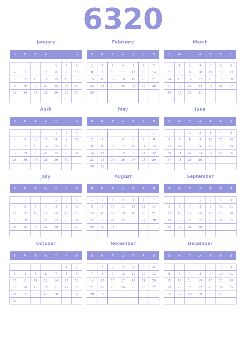 Printable 6320 Year Calendars periwinkle