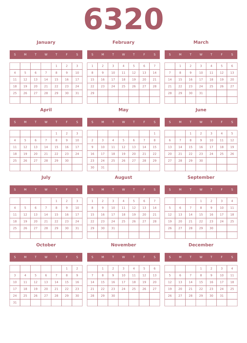 Printable 6320 Year Calendars puce