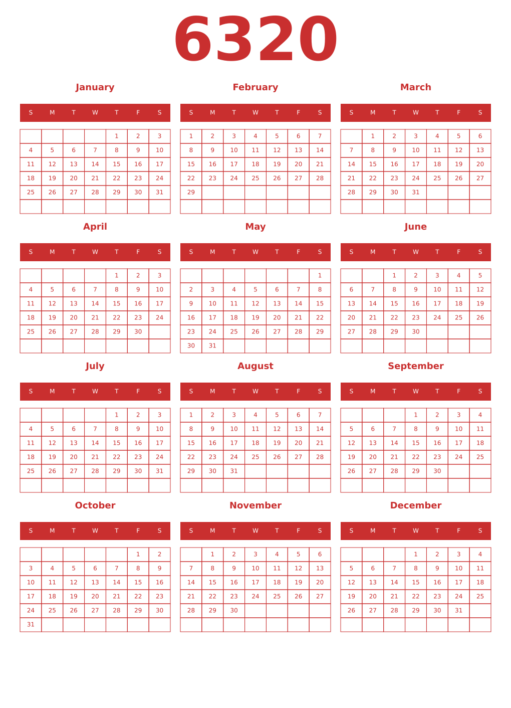 Printable 6320 Year Calendars red