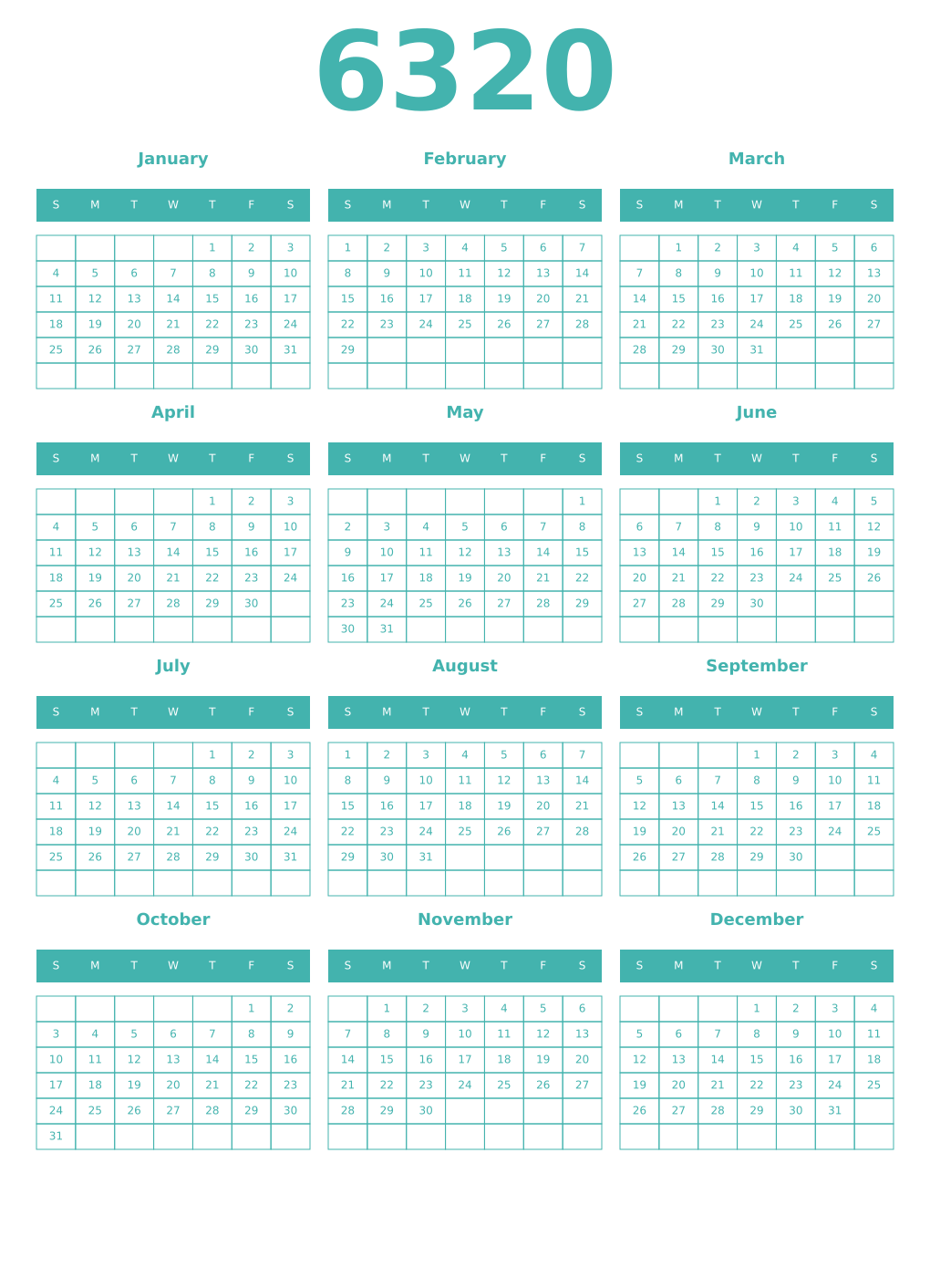 Printable 6320 Year Calendars verdigris