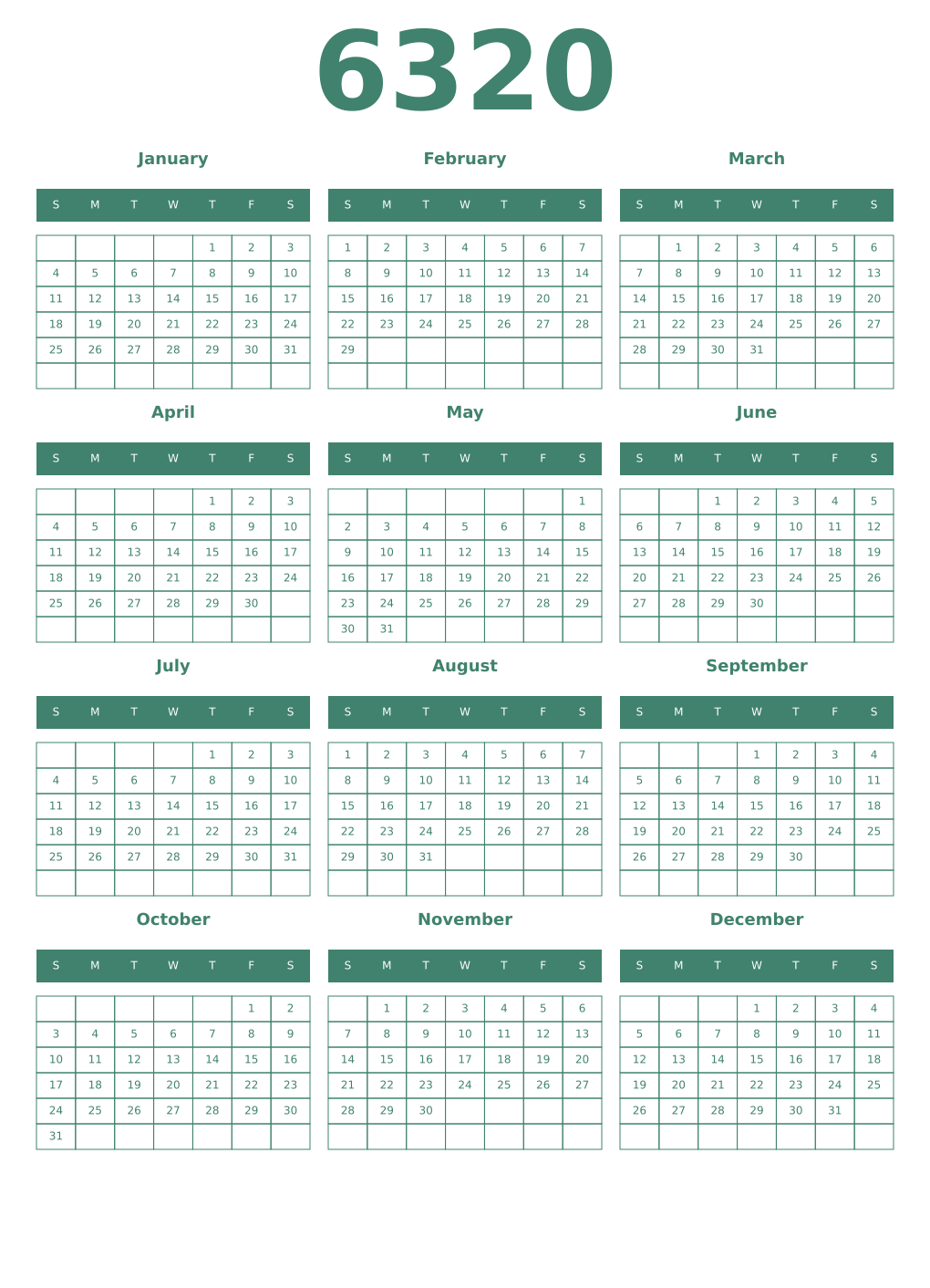 Printable 6320 Year Calendars viridian