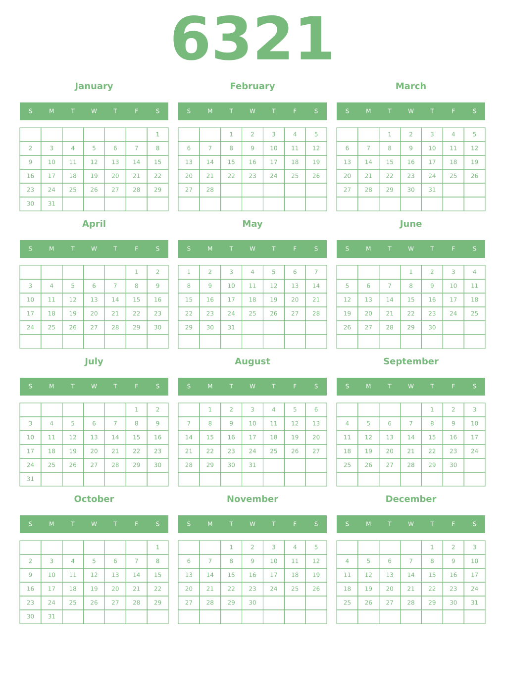 Printable 6321 Year Calendars celadon