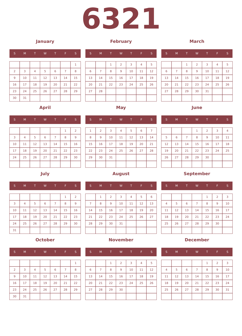 Printable 6321 Year Calendars cordovan