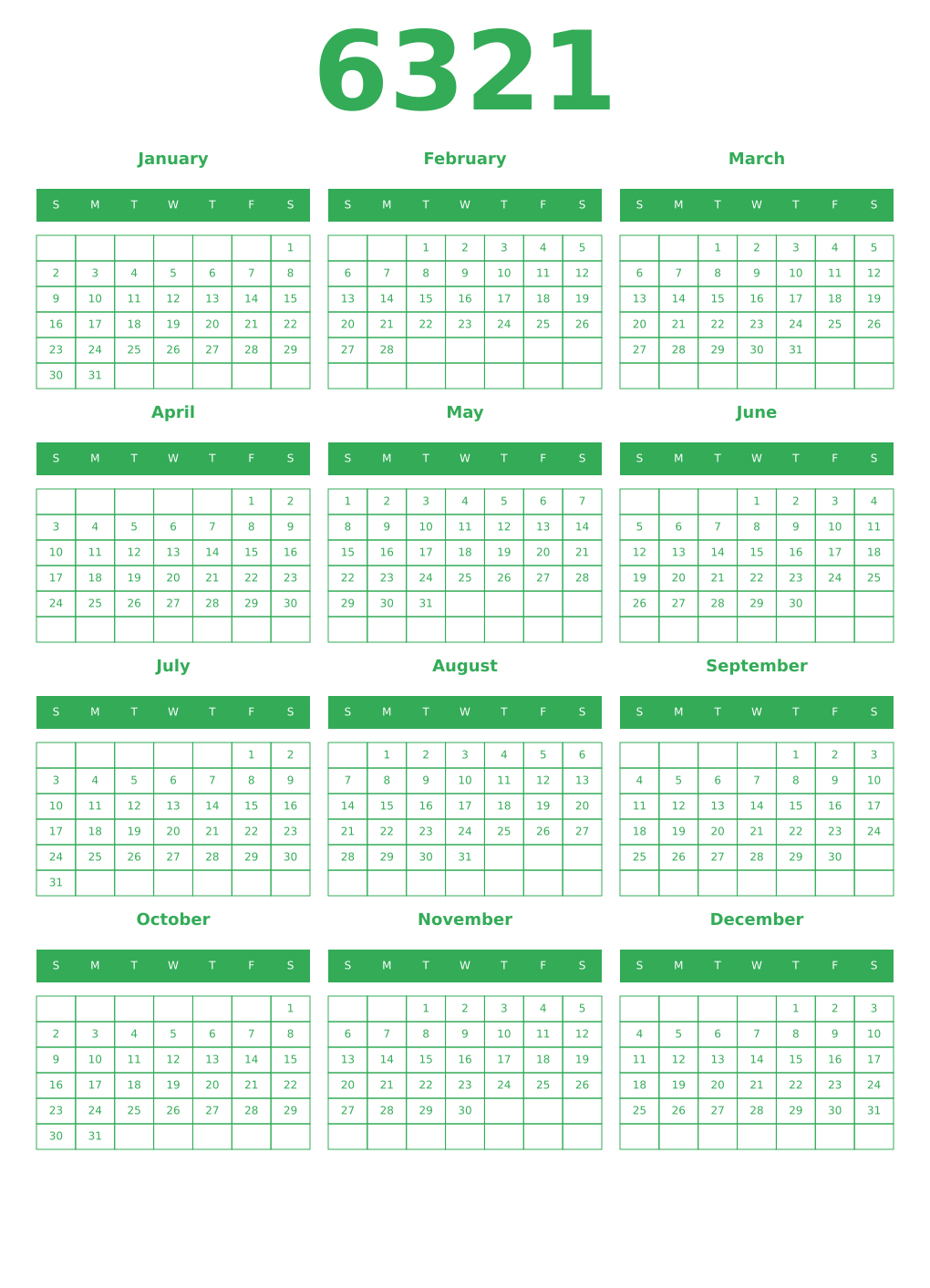 Printable 6321 Year Calendars green