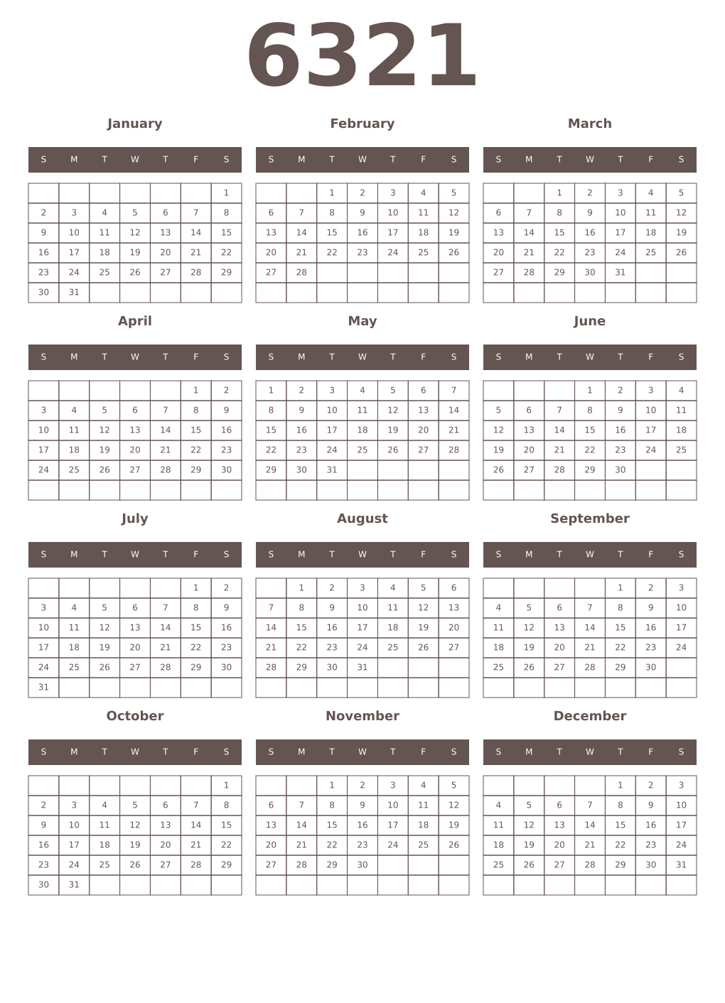 Printable 6321 Year Calendars wenge