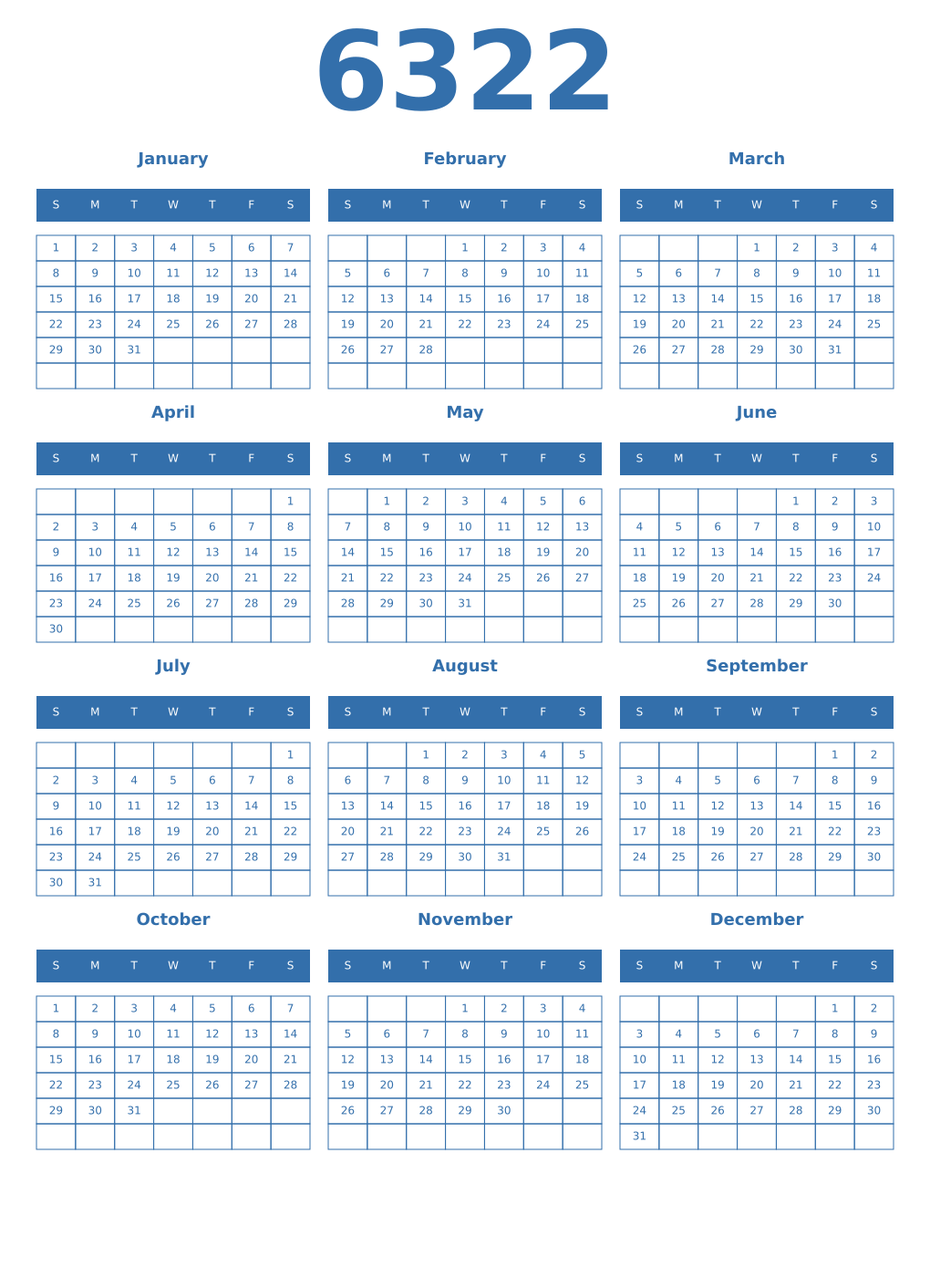 Printable 6322 Year Calendars blue