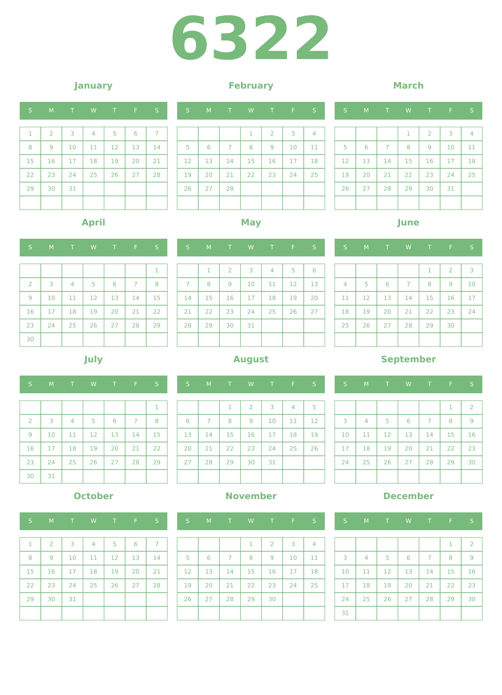 Printable 6322 Year Calendars celadon